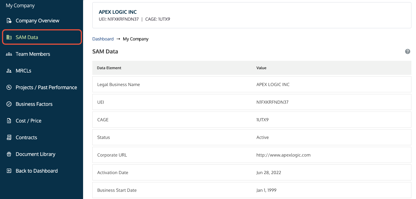 SAM Data tab in My Company where users can confirm their UEI, CAGE, and address information.