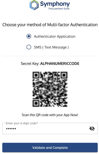 MFA setup screen showing the QR code and the field for the six-digit code.
