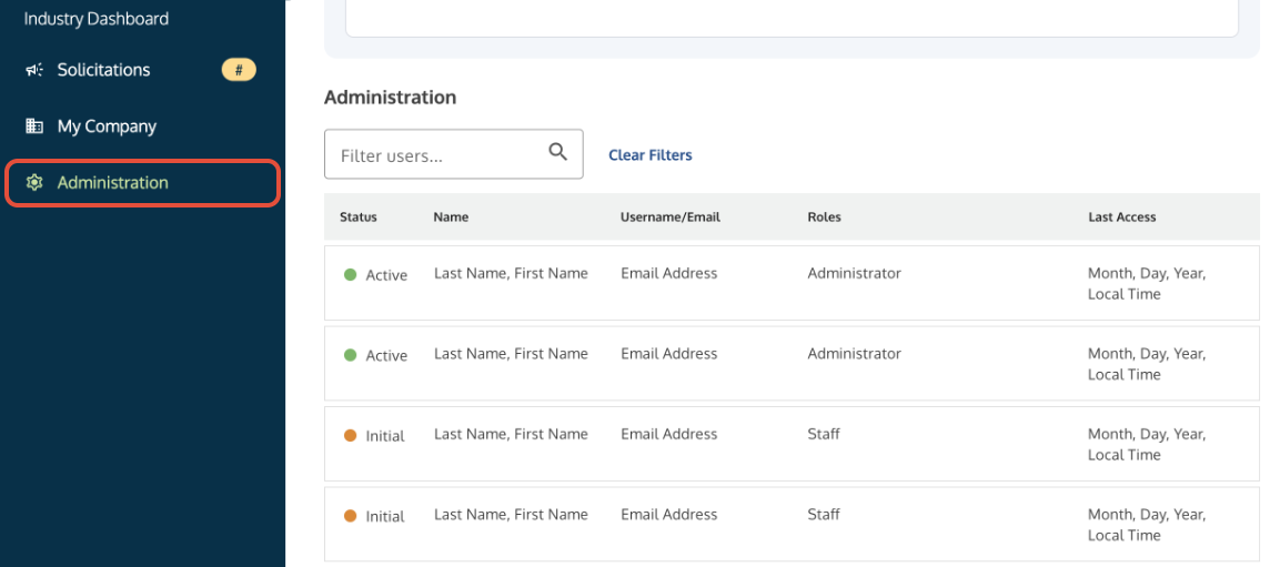Administration link in the side navigation bar where administrators manage user accounts.