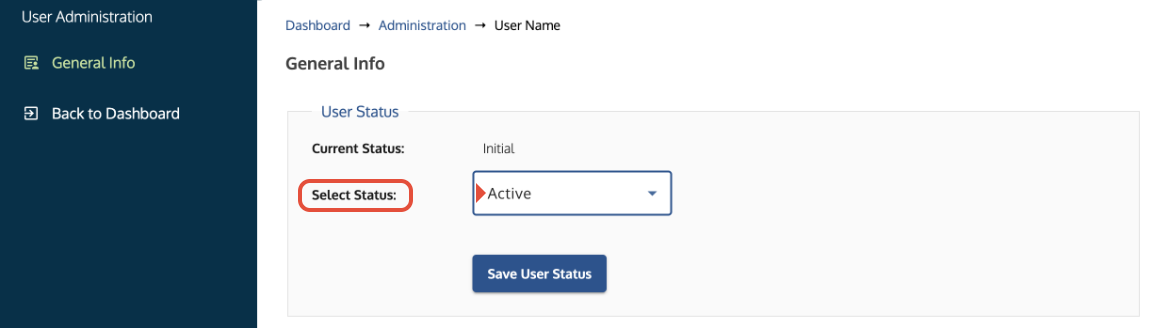 User Administration screen showing the 'Active' status selected from the dropdown menu.