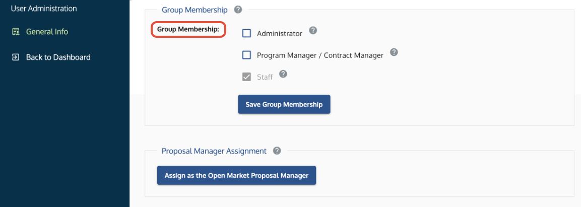 Group Membership menu where administrators assign user roles such as Administrator or Staff.