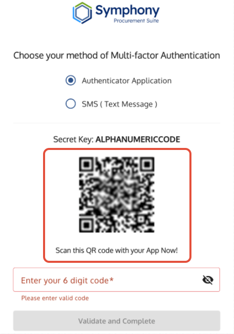 MFA setup screen showing the QR code and the field to enter the six-digit passcode.