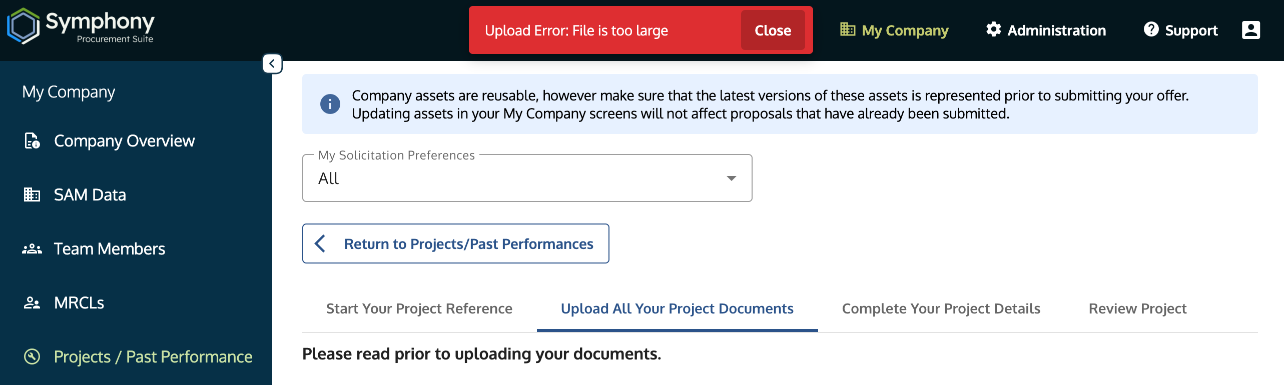 Document upload window showing a file attachment and a size limit warning.