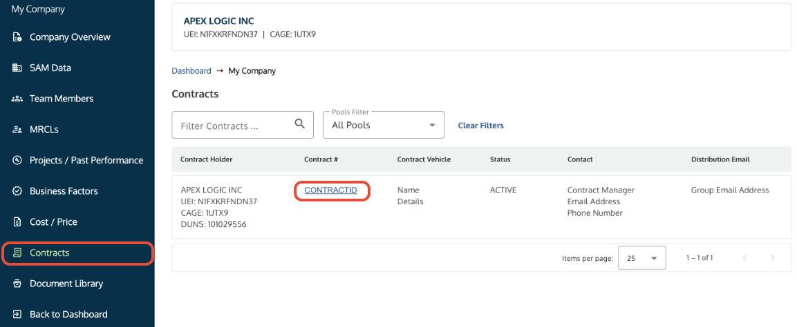 Contracts section visible within the My Company component for Contract Holders.