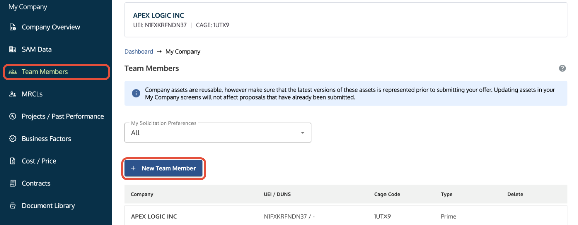 Team Member tab in My Company showing the +New Team Member button highlighted.