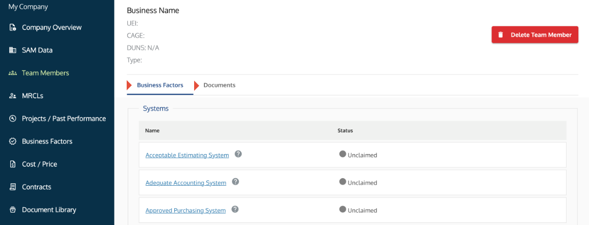 Team Member profile showing the Business Factors section and Documents tab.