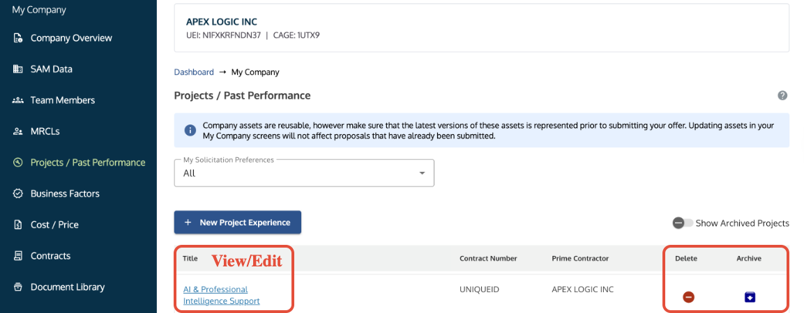 Projects/Past Performance table showing the option to view, edit, or delete a project.
