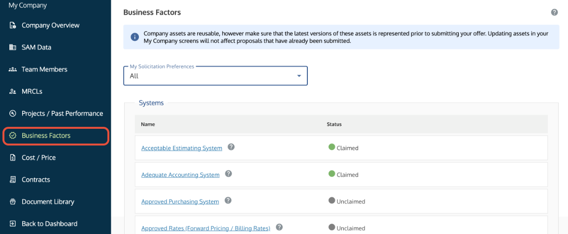 Business Factors tab where users select assets.