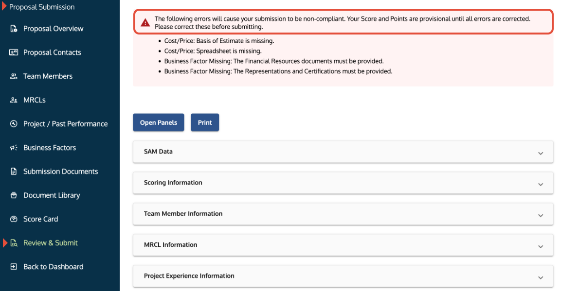 Review tab where users check validation messages before final submission.