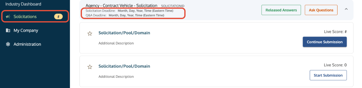 Solicitations tab showing an open RFP and highlighted deadlines for submission and Q&A.