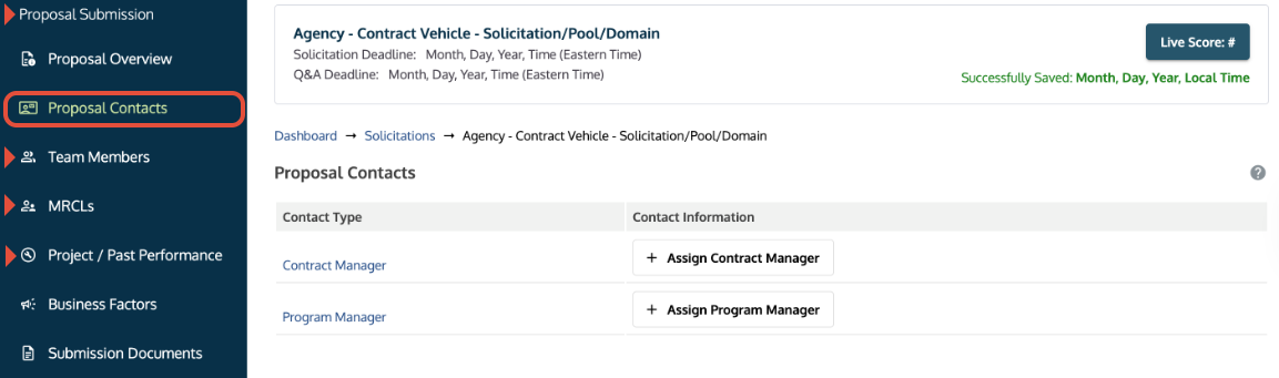 Proposal Assembly screen where users select assets and assign proposal contacts.