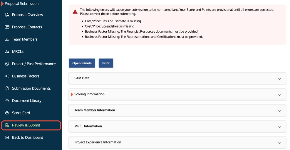 Review tab showing the Live Score summary and messages indicating missing data.