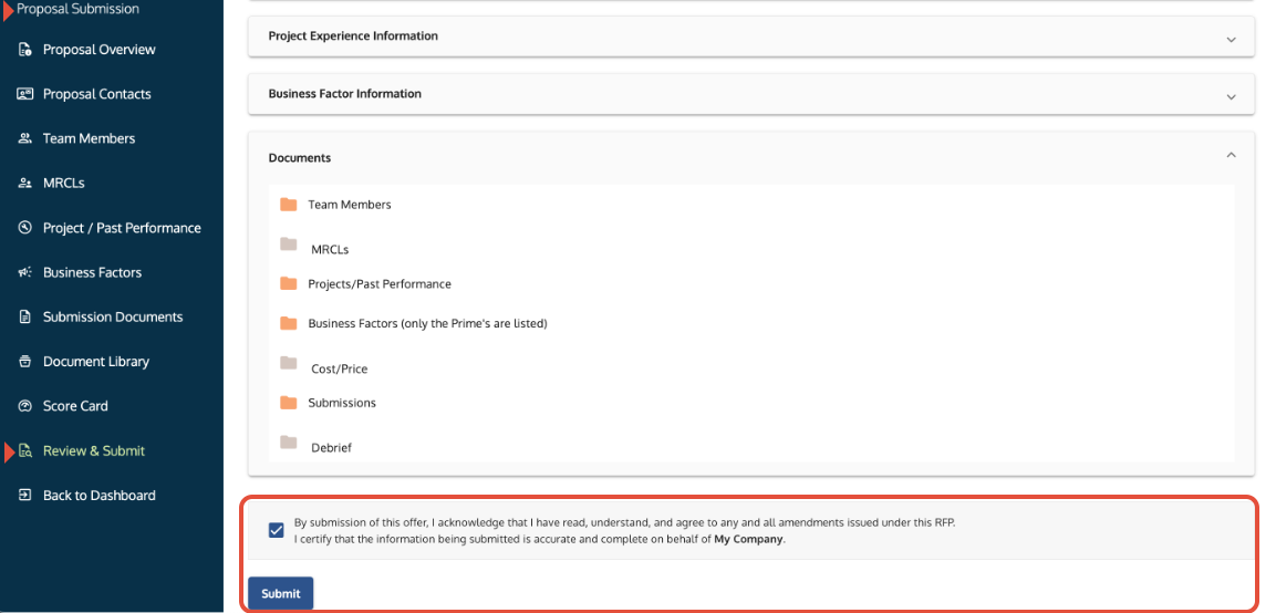 Review & Submit tab where users certify and click Submit to finalize submission.