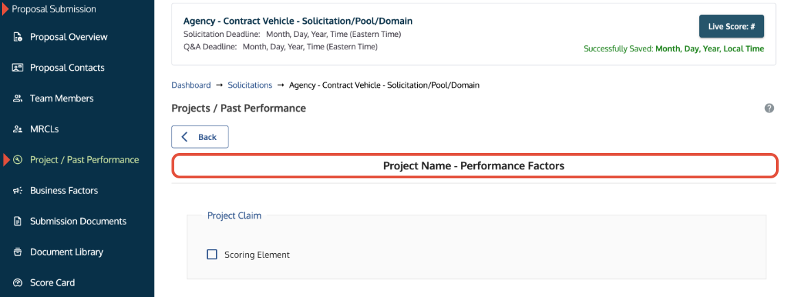 Submission screen showing the Performance Factors section where scoring claims are made.