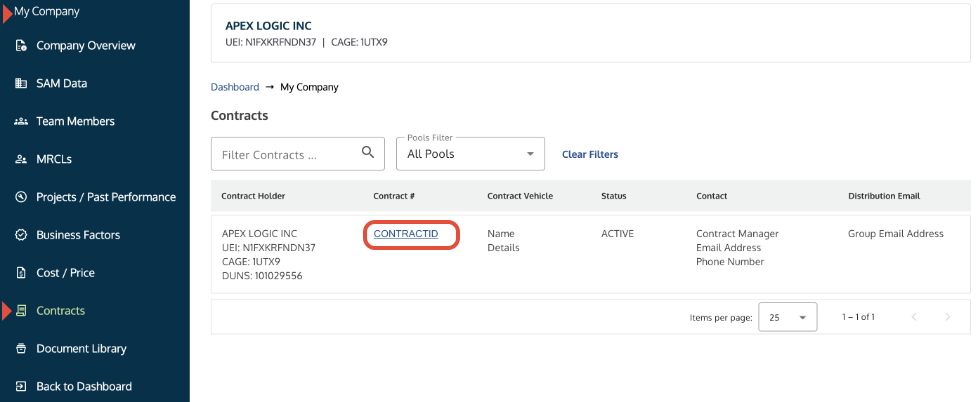 Contracts tab in My Company showing the contract number link highlighted.