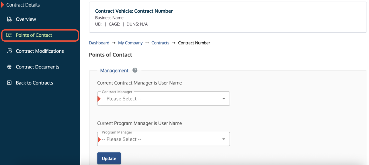 Points of Contact screen showing dropdown menus for assigning the Contract Manager and Program Manager roles.