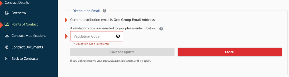 Points of Contact screen showing the validation code prompt.