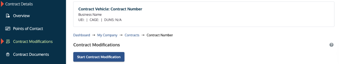 Contract Modifications tab showing the option to start a modification.