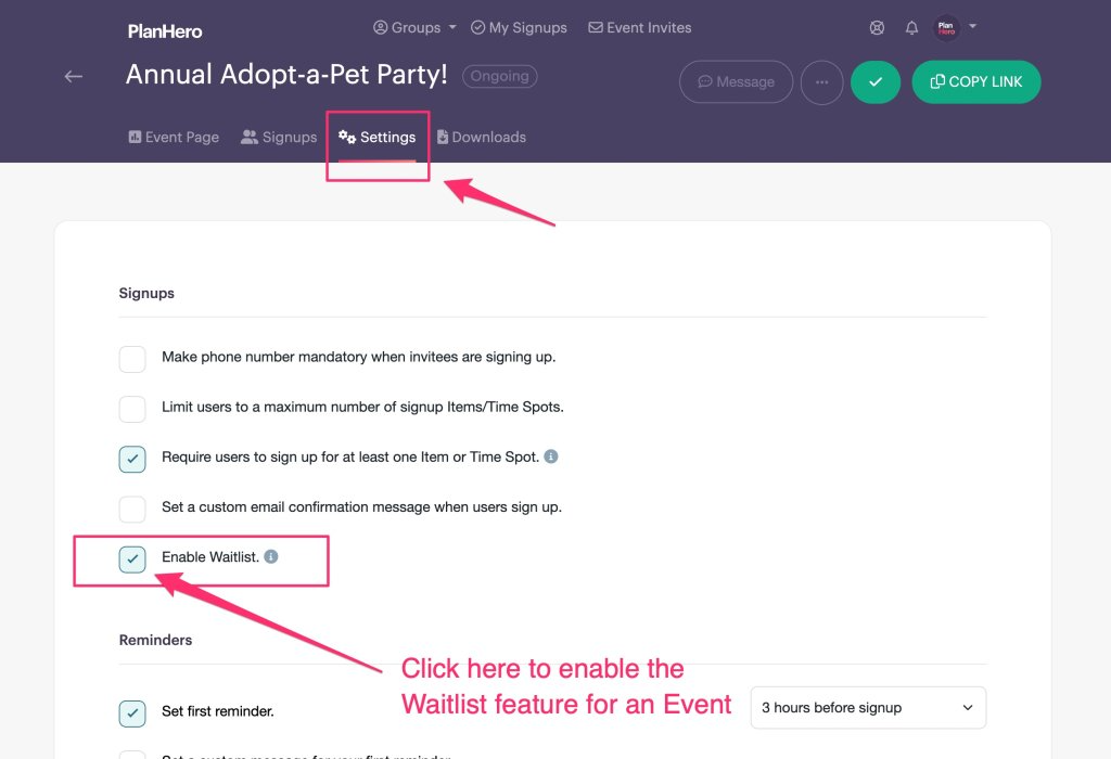 PlanHero waitlist feature for signups checkbox in event settings
