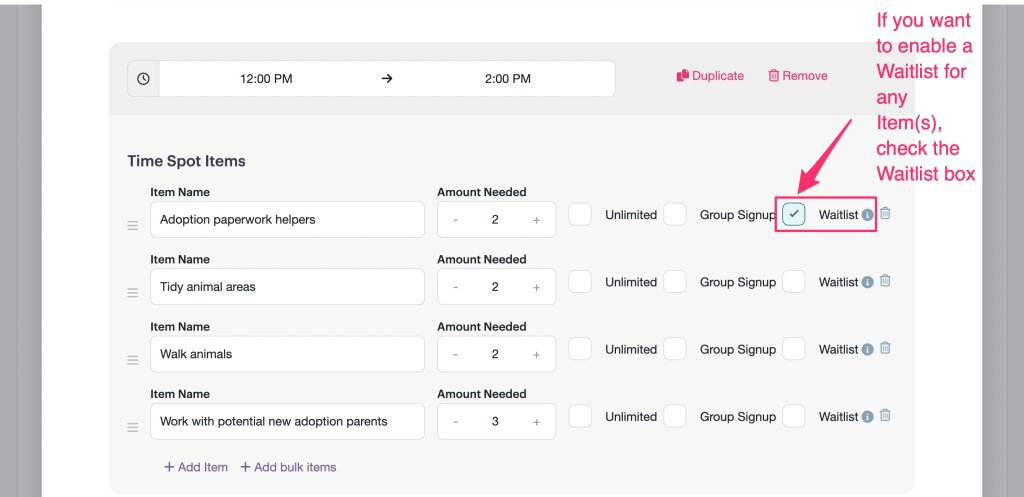 PlanHero waitlist checkbox screenshot for specific Items in a Signup List