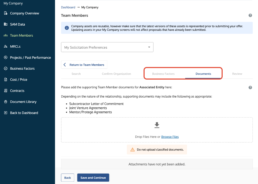 Team Member screen showing the Business Factor and Documents tabs.