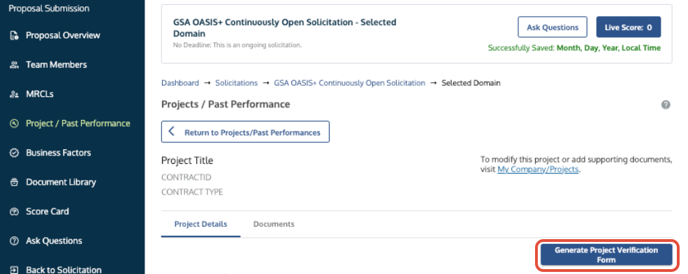 The Project Detail view showing the Generate Project Verification Form button