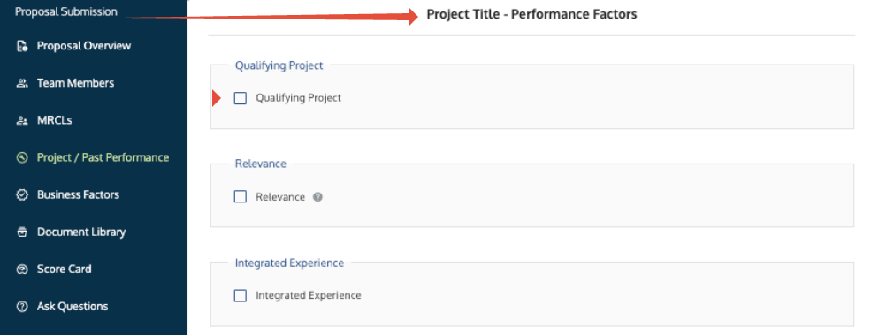 The Performance Factors screen showing the Qualifying Project (QP) checkbox highlighted.