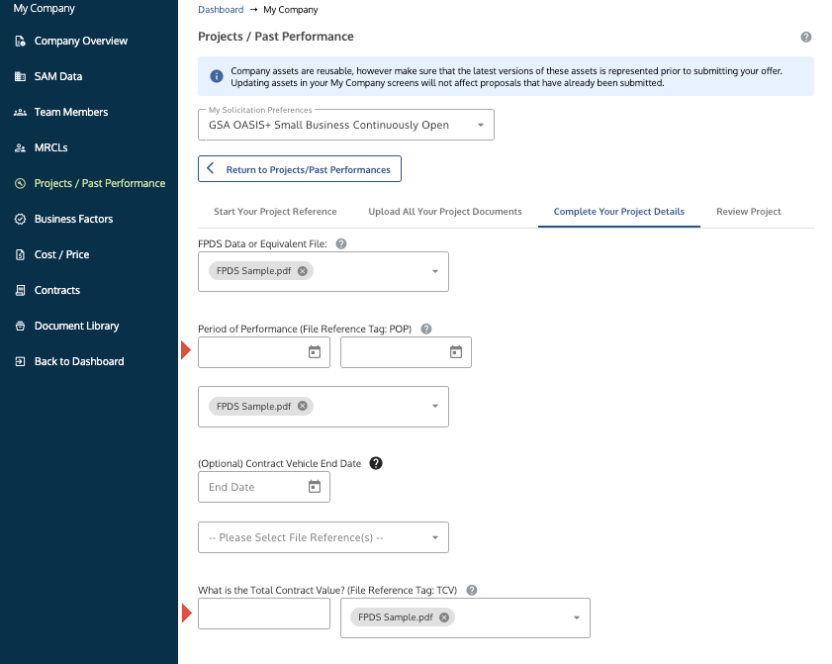 Project Details screen showing input fields for TCV and Period of Performance (POP).