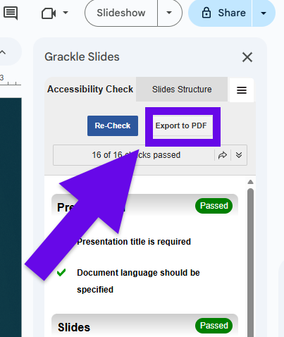 export to PDF button highlighted in Grackle