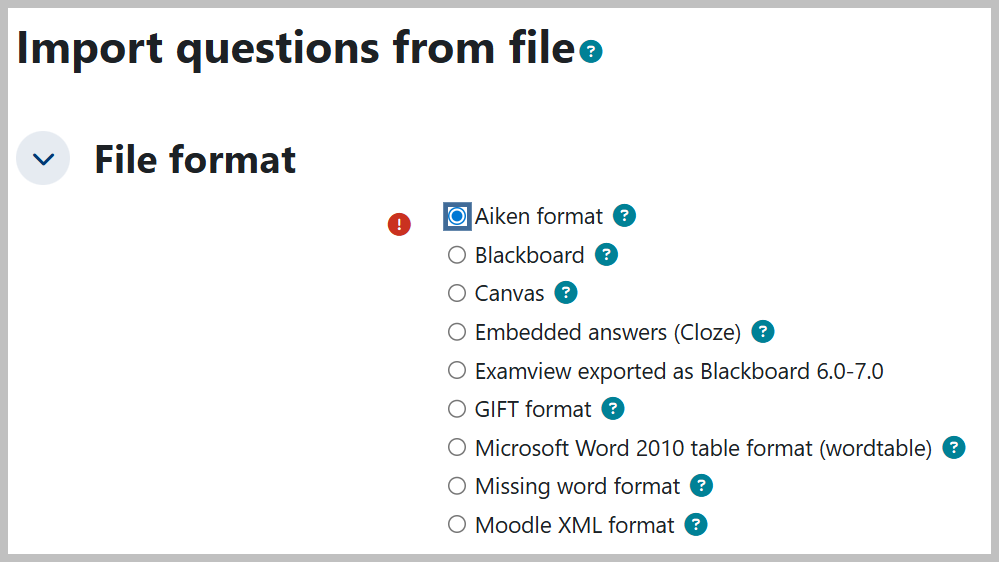 Aiken format is the first option for file formats.