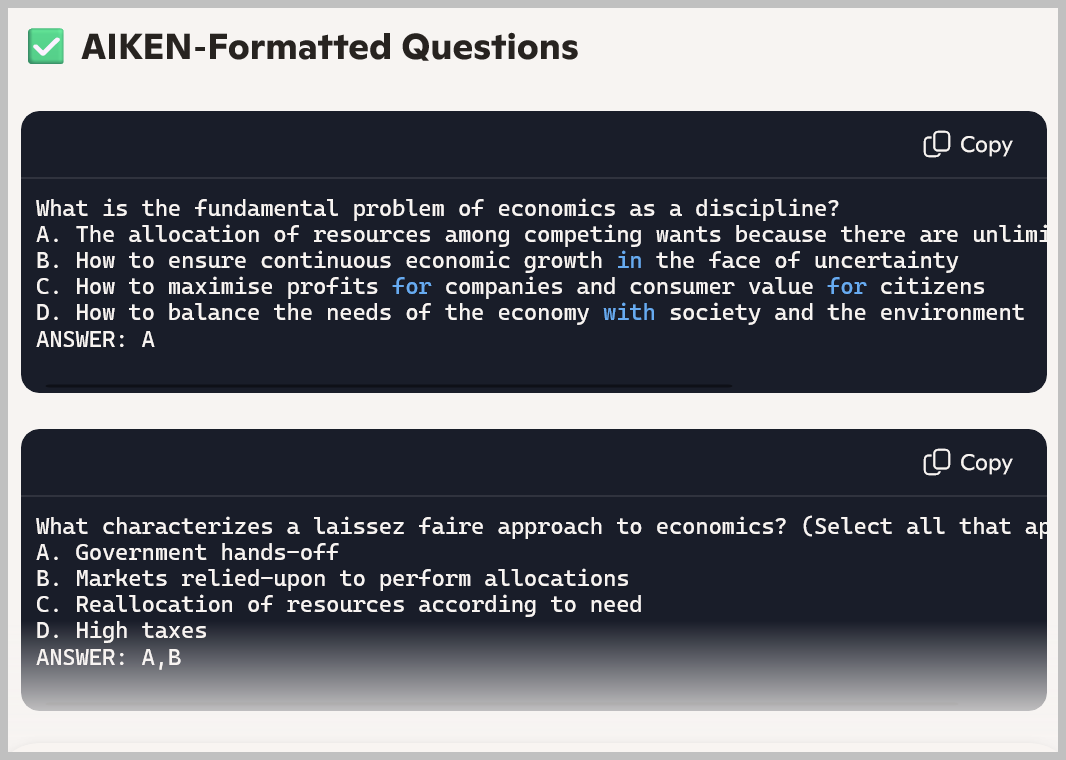 Copilot groups individual questions into boxes to be copied one at a time. 