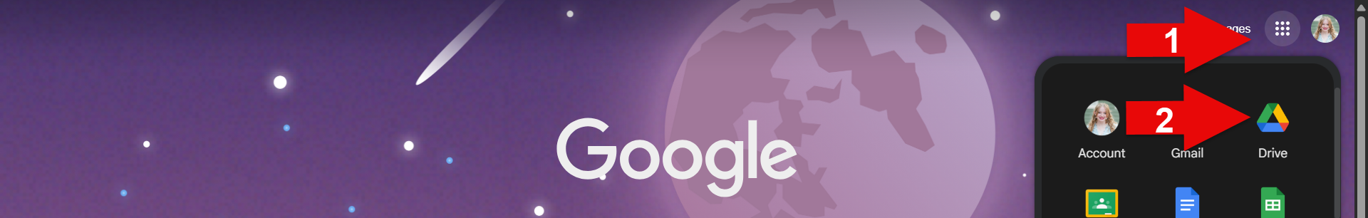 Screenshot of Google depicting steps to select Google Drive.