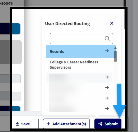Submit to menu opened with Records highlighted