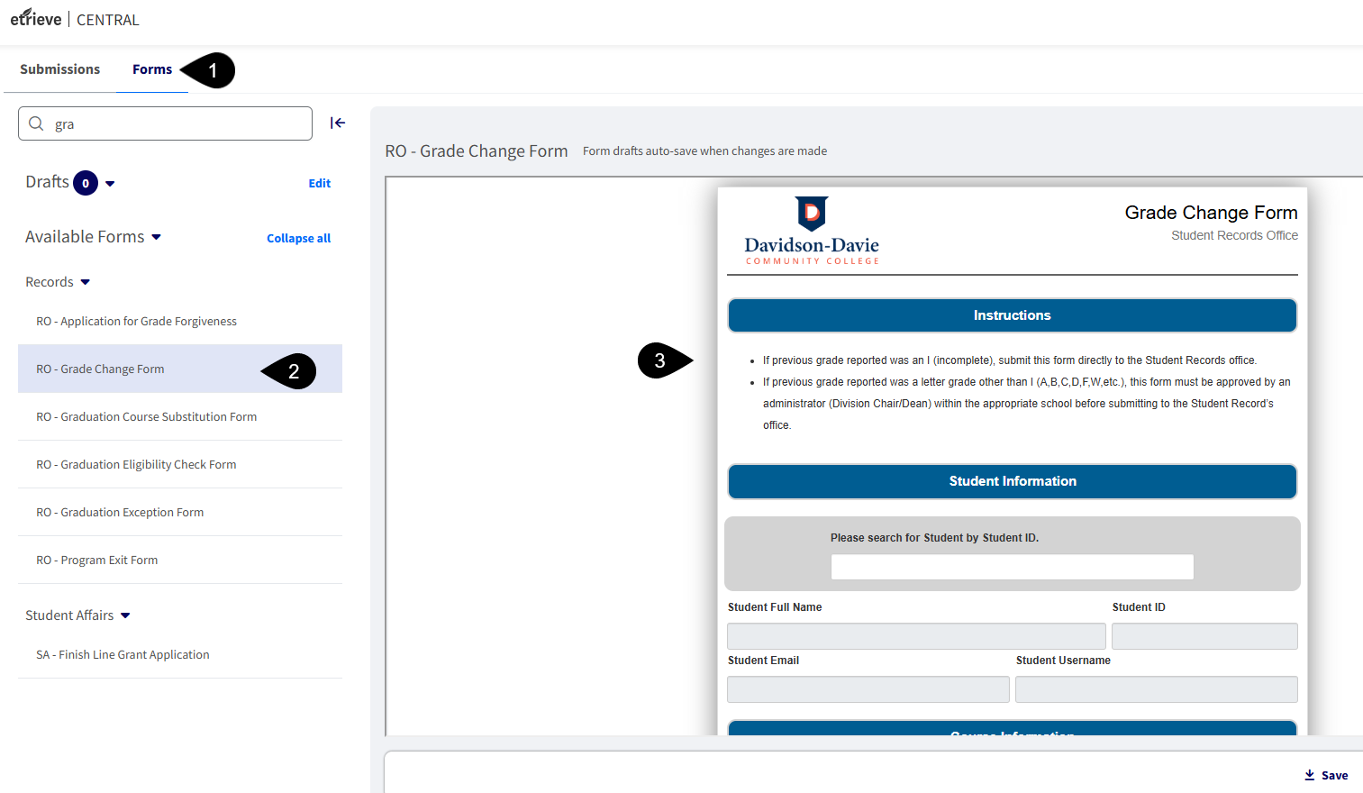 Opened Forms page on Erieve with steps one through three marked on the page: forms, RO-Grade Change Form, and Form