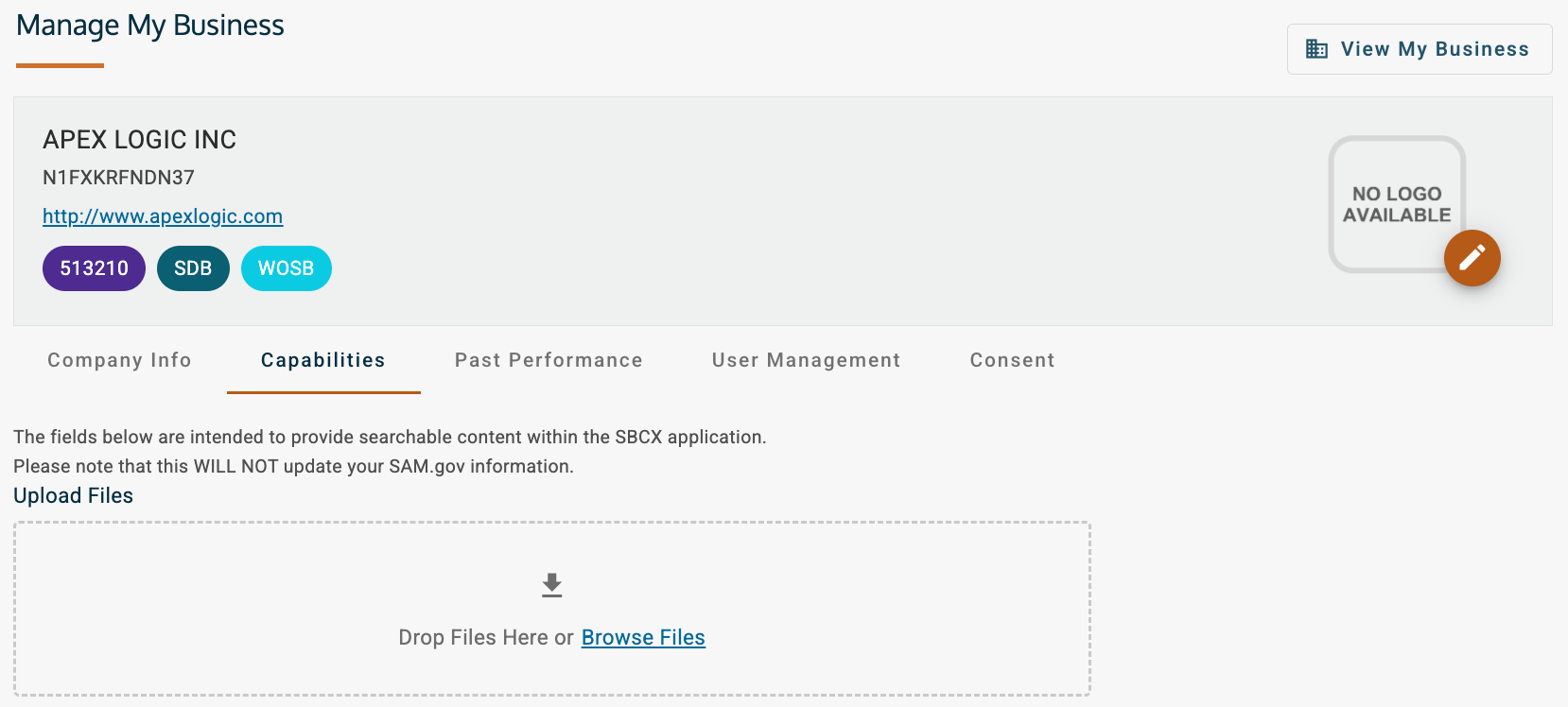 The Capabilities section allows for company branding and supporting documents.
