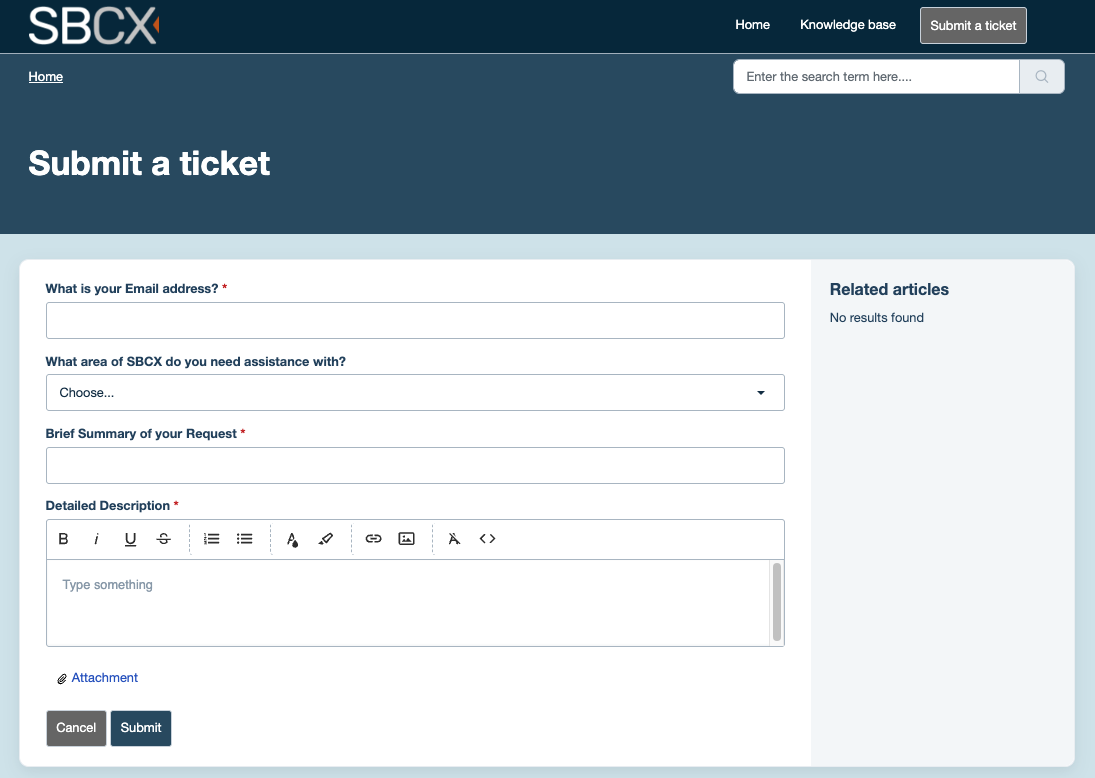Click the Submit a Ticket link in the top-right corner of any help page.