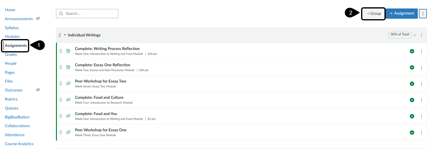 Steps one and two of how to create an assignment group