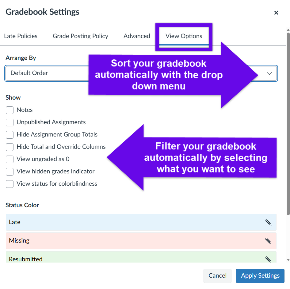 Gradebook Settings opened to the View Options menu described in the steps located below the image