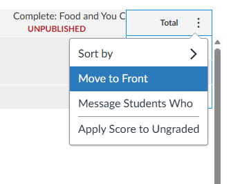 total column options menu open with "move to front" selected