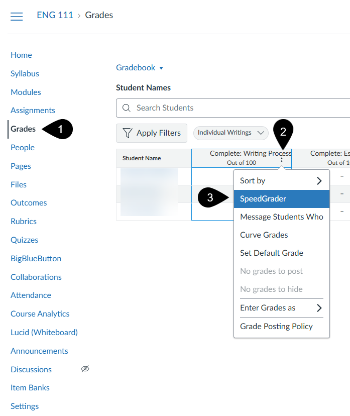 Gradebook open with markers detailed in steps listed above the image