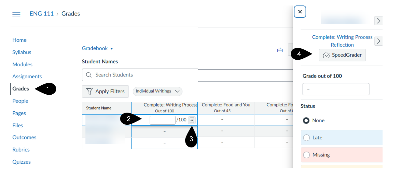 Gradebook open with markers described in the steps listed above the image
