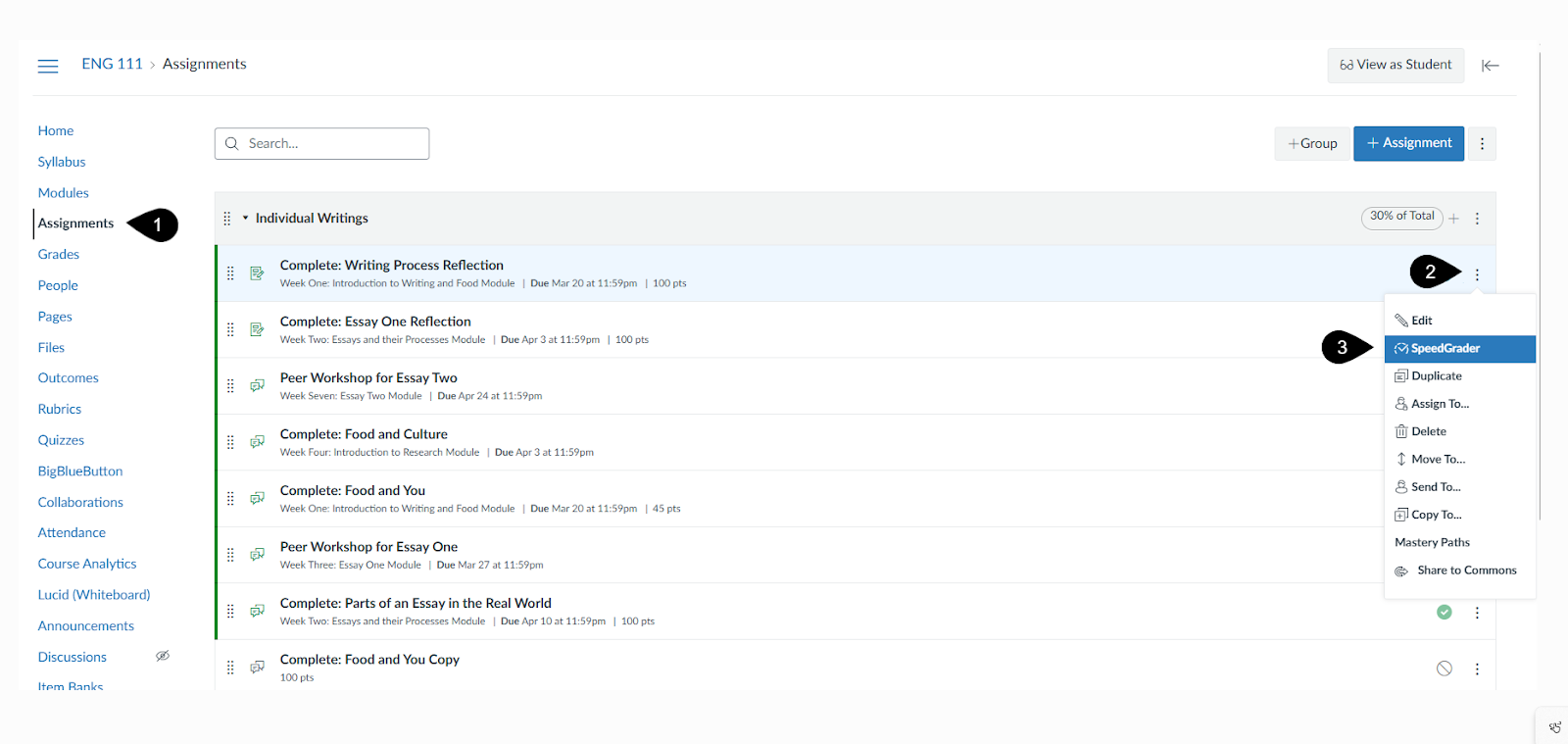 Assignments tab open with markers described in the steps listed above the image