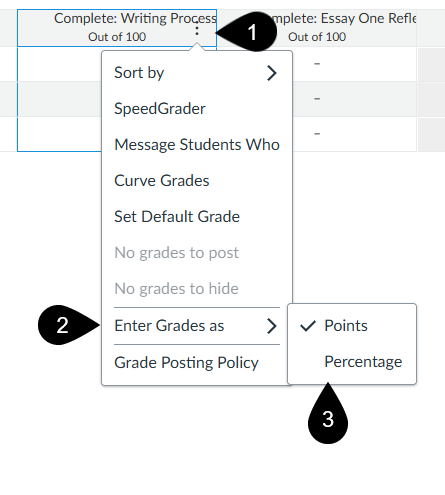 Assignment column open with enter grade as selected and markers described in steps listed above the image