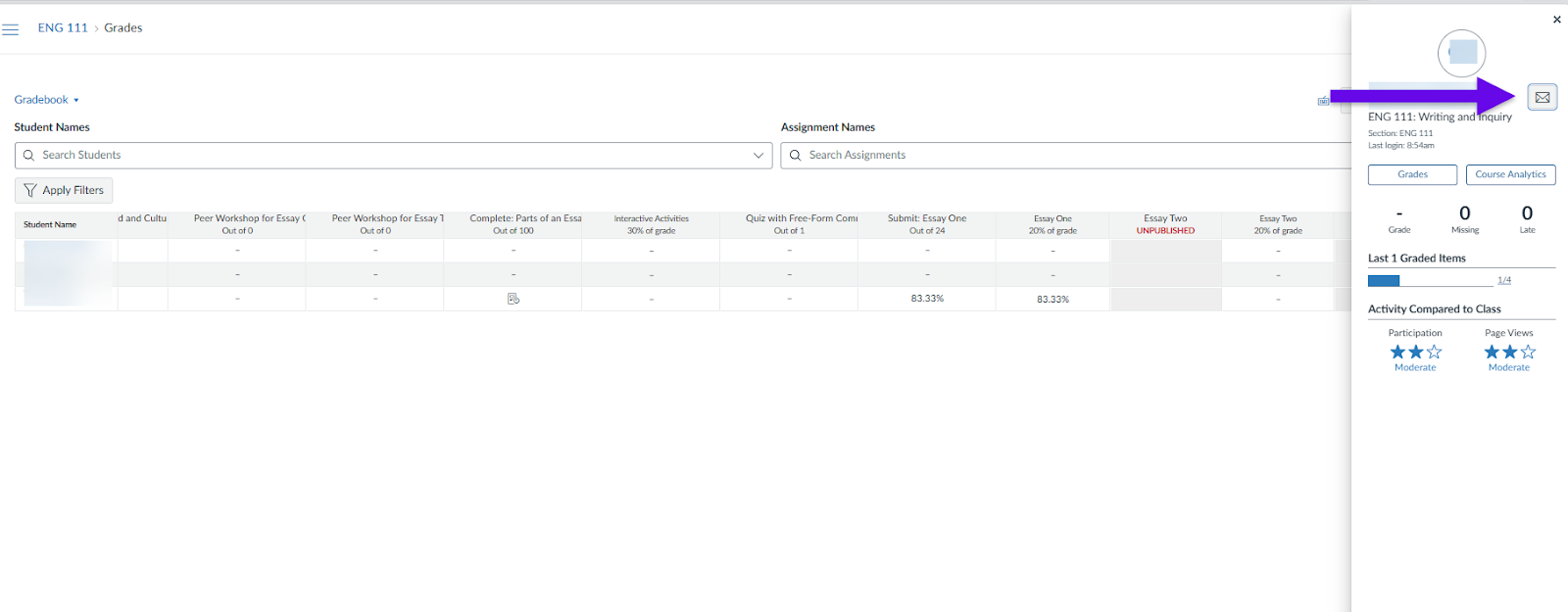 Student name link open on the gradebook page with an arrow pointing to the message icon