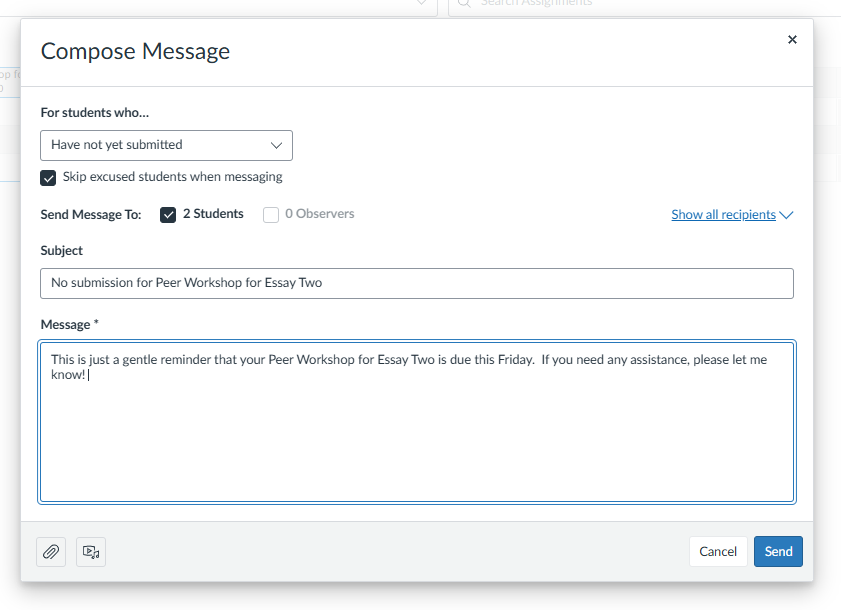Message Students Who pop-up window with an example message