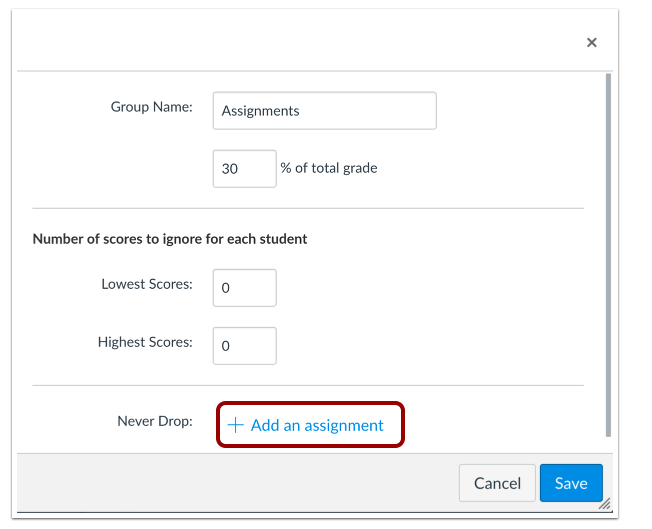 Assignment Group popup window with the +add an assignment link selected
