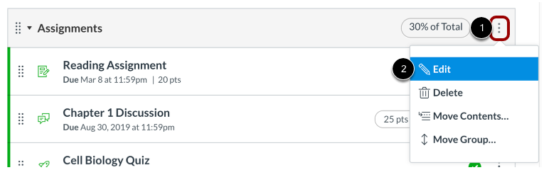 Assignment Category option menu open with edit selected as described in steps one and two.