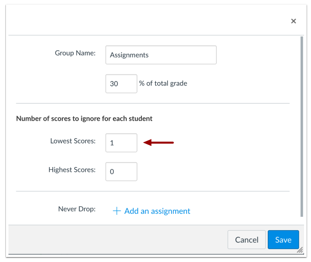 The popup box to ignore lowest scores shows with one lowest score being ignored