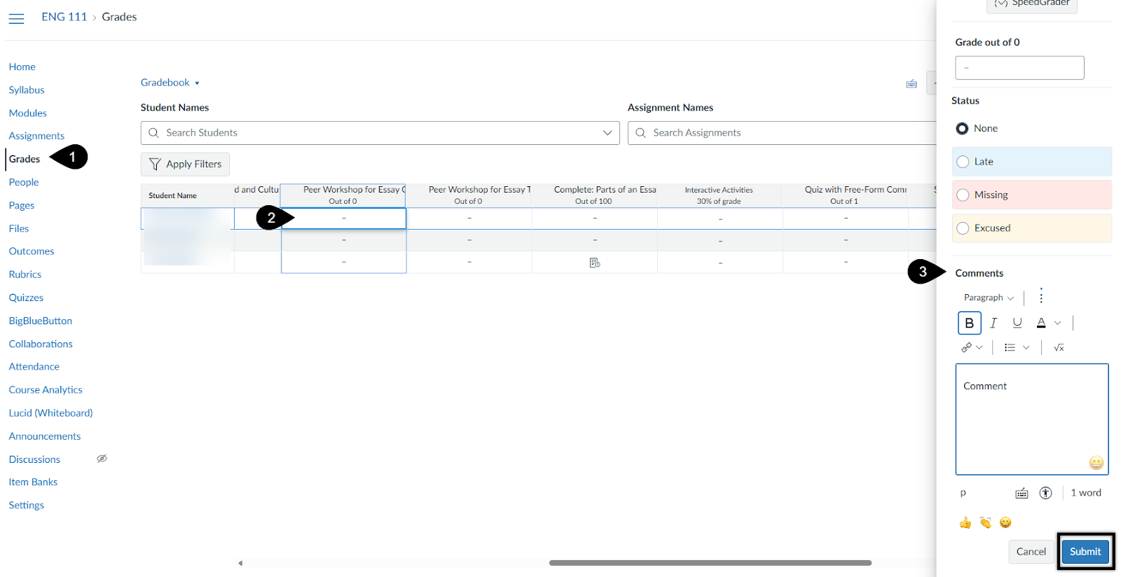 Traditional Gradebook View open with markers as described in steps 1 through 3 outlined below the image.