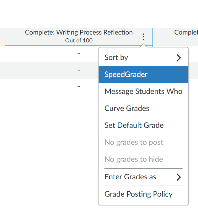 Assignment column in the gradebook is highlighted with the options menu open.  SpeedGrader is selected.